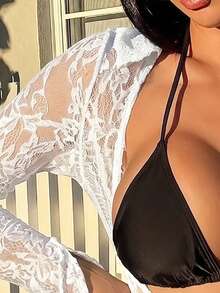 SHEIN Swim SXY Áo khoác ngoài ren xuyên thấu ôm sát người, tay dài, vai thường, màu trơn dành cho nữ. - trắng - Xem 5