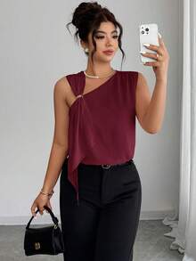 Elenzga Áo kiểu bất đối xứng thắt dây khóa kim loại, trang phục thường ngày thoải mái cho nữ, mùa xuân/hè. - Màu Đỏ Sâu - Xem 3