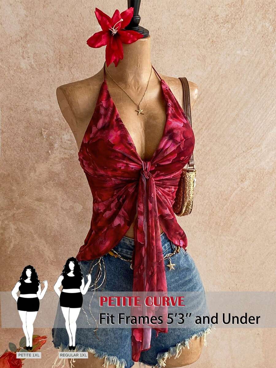 SHEIN PETITE CURVE Plus Size Women's Burgundy Summer Boho Vacation Holiday Red Top,Y2K Print Tie-Front Backless Camisole,Elegant Party Graduation Beach Casual Outing - Multicolor - View 1