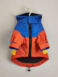 Chaqueta impermeable con bloques de color para mascotas, abrigo forrado y cálido para perros - Naranja - Ver 2