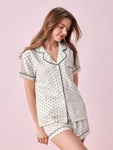 Bonmuse [Elegant Fields]2pcs/Set Women's Mini Polka Dot Printed Pajama Set With Contrast Trim Button-Down Shirt And Bowknot Shorts, Perfect For Home Wear In Summer White Set,Two Pieces Setfor Summer - White - View 5