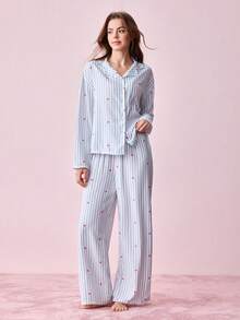 Bộ đồ ngủ 2 món tay dài thoáng khí rộng rãi thoải mái cho nữ và quần dài, đồ mặc nhà dễ thương, quần áo mùa thu đông - Màu xanh lam - Xem 10