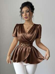 Elenzga Coffee 's Elegant V-Neck Woven Shirt,Autumn Office Slim Fit Blouse With Ruffle Sleeves,Waist Decoration Buttons And Crossed Ruffle Hem - Brown - View 7