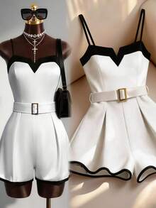 Endroma 女士V领系带金色方扣腰带荷叶边下摆连体裤，优雅可爱，适合通勤、日常穿着、生日礼服 - 黑與白 - 查看 1