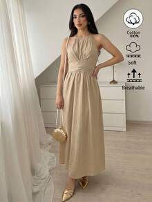 Elenzga Women's Elegant Sleeveless Halter Cinched Waist A-Line Solid Color Dress, Suitable For Dates, Beach Outings, Spring/Summer - Khaki - View 4