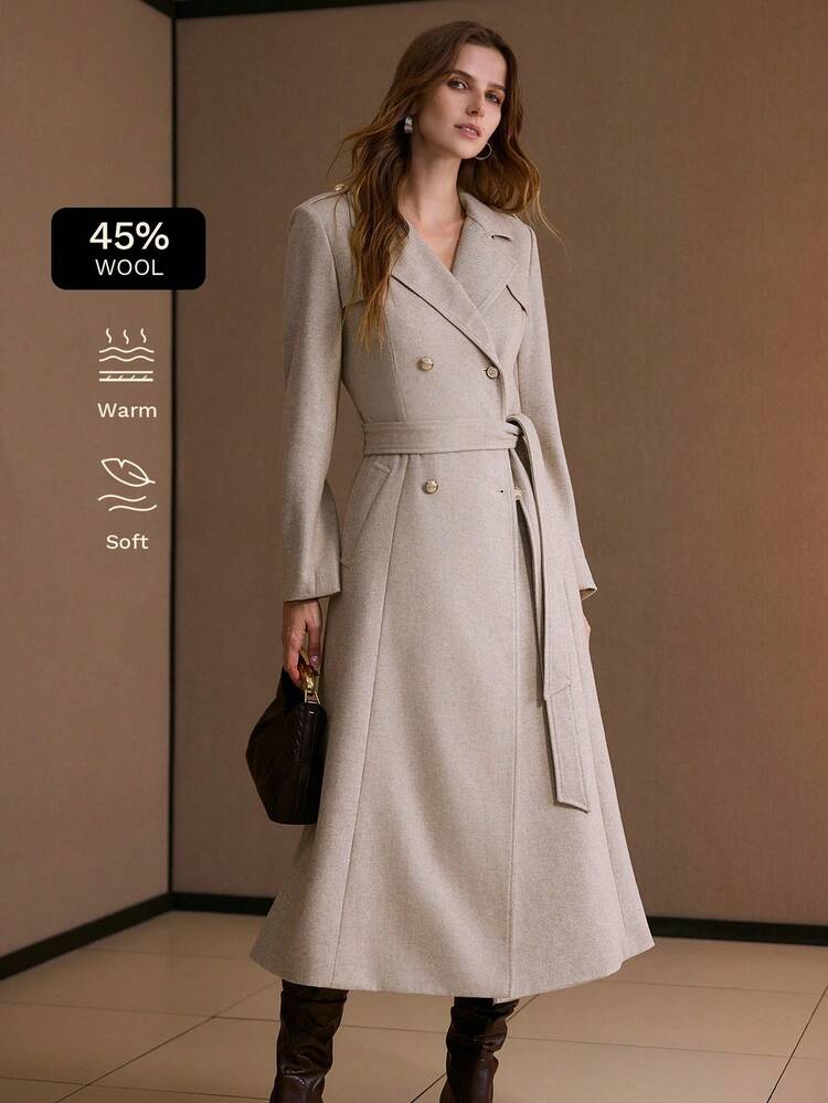 WOOL FALL WINTER LAPEL COLLAR DOUBLE BREASTED PLACKET BELTED LONGLINE OVERCOAT