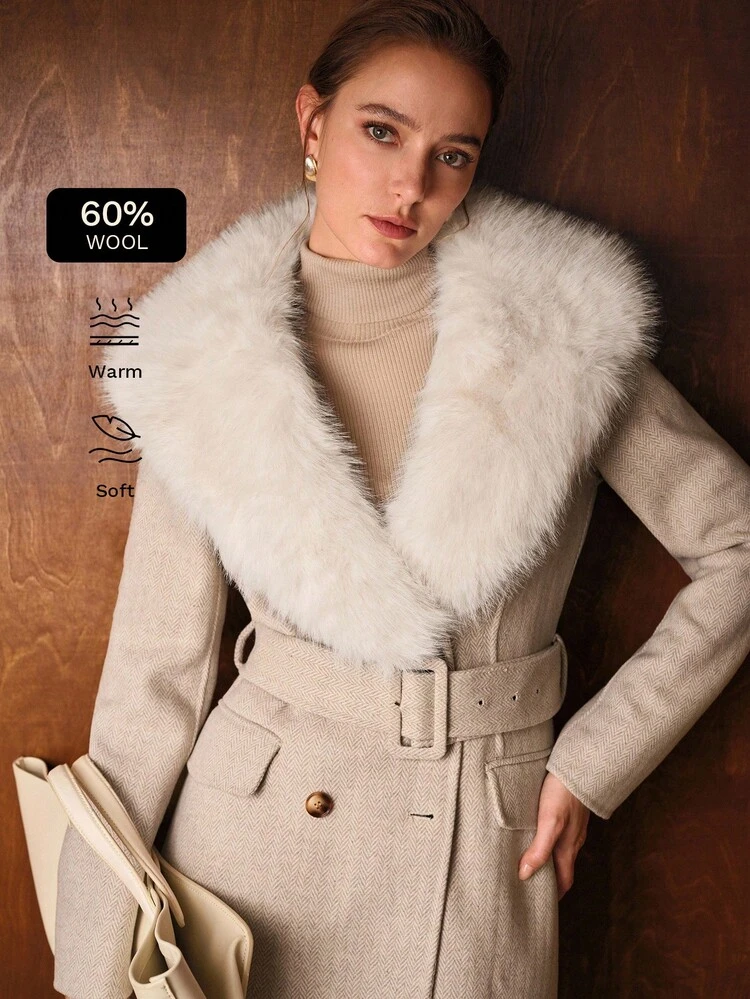WOOL HERRINGBONE PATTERN COLLAR SHORT SINGLE-BREASTED COAT