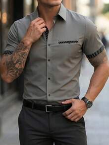 Manfinity Bizformal Camisa de Manga Curta Casual Executiva Masculina com Recortes - Cinza - Visão 3