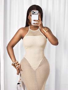 BamGleam Vintage Sexy Women's Light Beige Knitted Fabric Halter Neck Sleeveless Bodycon Midi Fringe Dress Beach Vacation Summer - Apricot - View 4