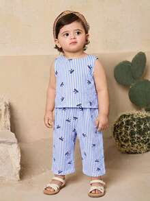 Travachic KIDS Babygirl Summer Cute Ruffle Sleeveless Top And Pants Set - Blue - View 2