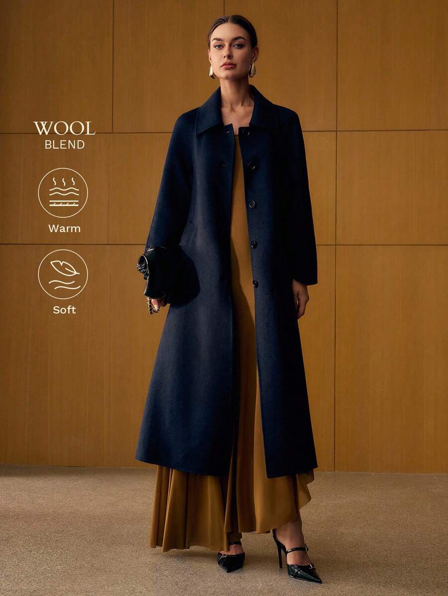 MOTF PREMIUM ABRIGO LARGO DE LANA CON SOLAPA SENCILLA Y CINTURÓN - Azul Marino - Ver 1