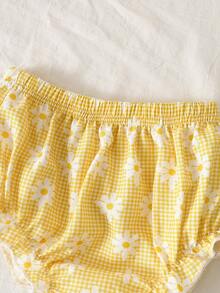 SHEIN 新生女嬰草莓刺繡吊帶上衣搭配三角短褲 2件套 淡黃色夏季可愛新生兒拍照格紋蝴蝶結新款 - 黃色 - 查看 6