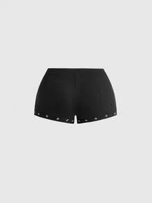 ROMWE Conjunto de 2 piezas con top corto con cuello asimétrico y ojetes metálicos y mini shorts de tiro súper bajo - Negro - Ver 8