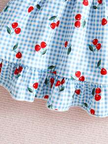 SHEIN Vintaside Kids 2件套新生女宝宝粉色卡通草莓格子连衣裙，配可爱蝴蝶结发带，0-3个月，柔软弹力舒适，荷叶边装饰，适合外出、度假、拍照，春夏新品 - 藍色 - 查看 7