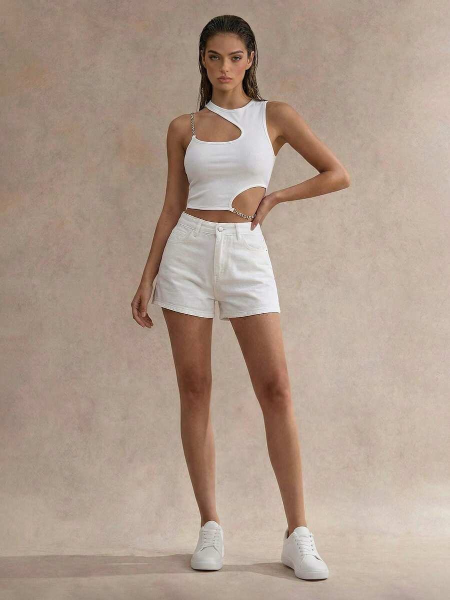 Swim Glamine Top corto asimétrico con detalle de cadena blanco de verano - Blanco - Ver 1