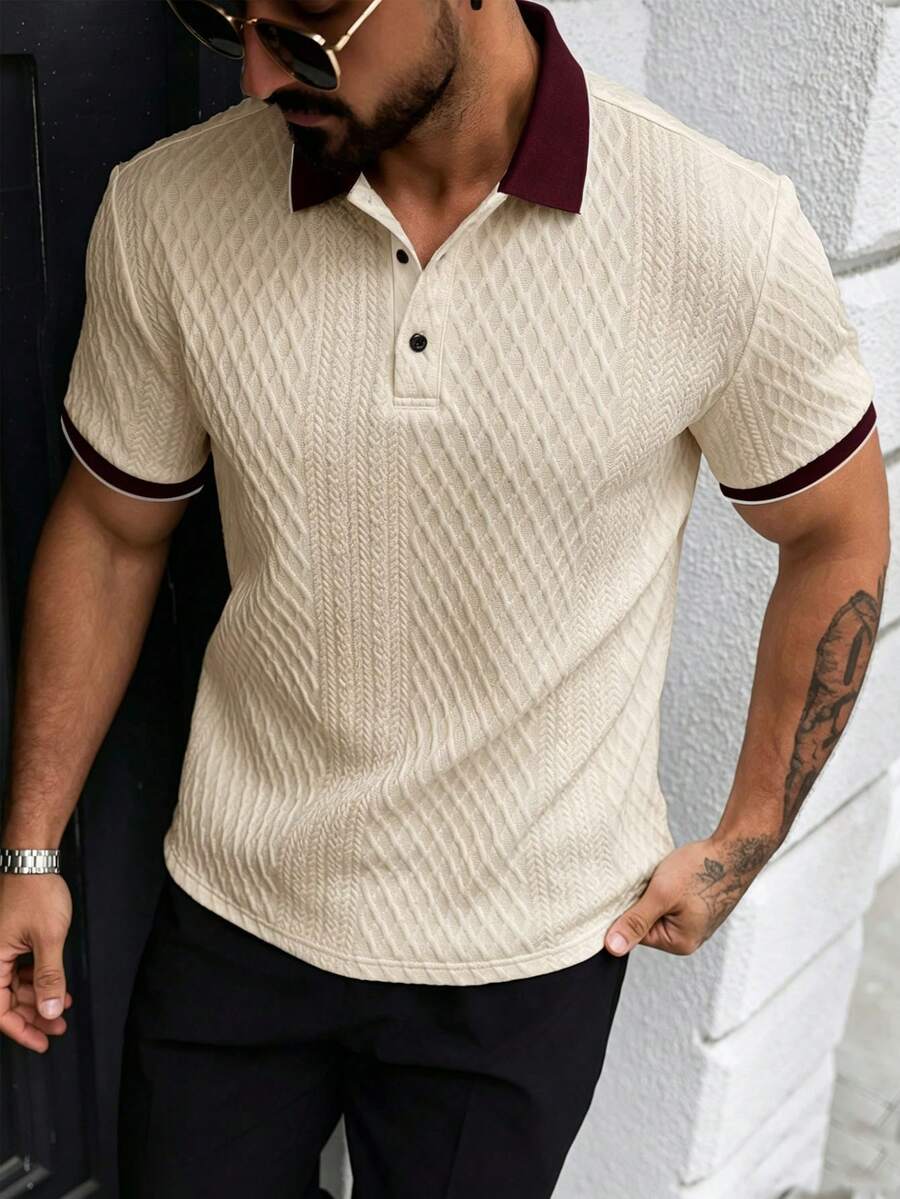 Manfinity Homme Áo Polo nam dệt kim jacquard, màu trơn, cổ áo gân. - Màu be - Xem 1