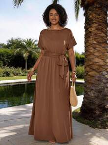 Zaforene Brown Plus Size Women's Solid Color Round Neck Short Sleeve Waist Tie Casual Elegant Dress Summer Tropical Vacation Holiday Beach Festival Outfit - Mocha Brown - View 3