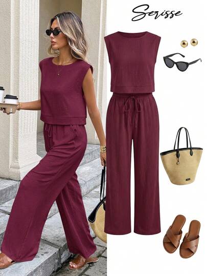 Serisse Women's Casual Solid Color Textured Fabric Sleeveless Top And Long Pants 2 Pieces Set, Summer Christmas New Year Burgundy Valentine's Day