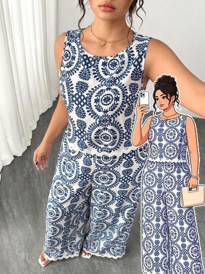 Elenzga 大码女装两件套：蓝白碎花无袖上衣和阔腿裤，适合春夏休闲海滩度假