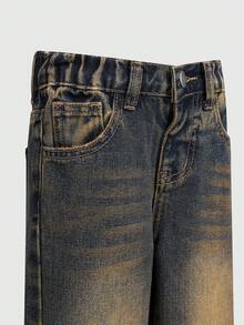 SHEIN Mädchen Vintage gewaschene gerade geschnittene Denim-Shorts, angenehm weiches Material, vielseitig Lässig für Straßenmode, geeignet für Alltag, Urlaub, Schule, Pendeln, Party, Zuhause, Ferien, Festivals - Dunkle Waschung - Übersicht 6