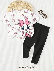 米白色和黑色，可爱猫咪动物印花，少女休闲简约柔软圆领宽松短袖T恤和打底裤套装，适合春夏日常、街头、外出、居家、度假、返校、返校等场合，春夏女童穿搭，轻松舒适，春夏女童套装，时尚女孩，休闲装，婴幼儿及女童猫咪动物图案服装，春夏时尚，休闲风格，轻松别致。 - 彩色 - 查看 3