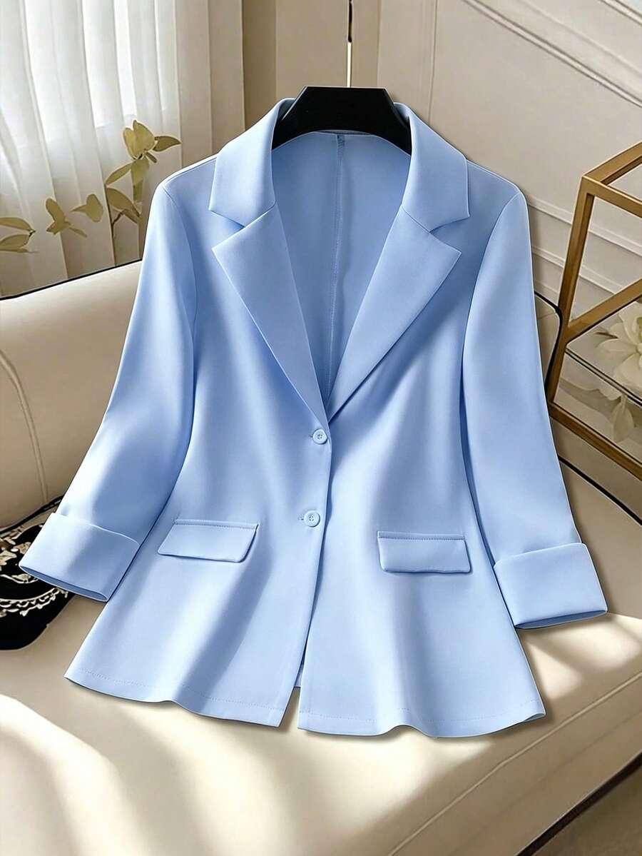 SHEIN Clasi Áo blazer dài tay đơn sắc tối giản dành cho nữ, thích hợp mặc hàng ngày. - Màu xanh nhạt - Xem 1