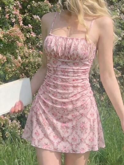 Serisse Kids 少女粉白碎花网纱吊带连衣裙，适合度假/假日、复古/海滩/海边/优雅风格