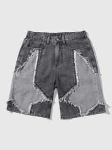 ROMWE MEN Street Life 青少年男童时尚毛边腰带环休闲牛仔短裤，夏季 - 黑色 - 查看 1