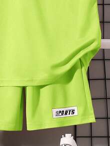 SHEIN 青少年男童宽松字母图案连帽衫和短裤两件套 - 綠色 - 查看 4