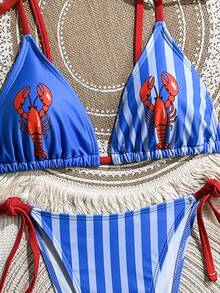 Swim Mod 2pcs/Set Women Cute Blue And White Stripe Bikini Set, Summer Holiday Beach Bikini With Ocean Print, Spaghetti Strap Tie Top, Side Tie Swimwear Sexy - Blue - View 4
