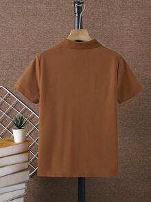 SHEIN Vacaura Tween Boy Contrast Color Half-Zip Short Sleeve Casual Summer Polo Shirt - Coffee Brown - View 2