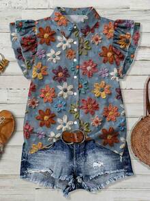 EMERY ROSE Plus Size Women Crayon Floral Print Shirt, Suitable For Vacation - Multicolor - View 1