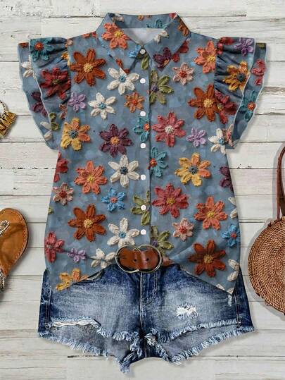 EMERY ROSE Plus Size Women Crayon Floral Print Shirt, Suitable For Vacation