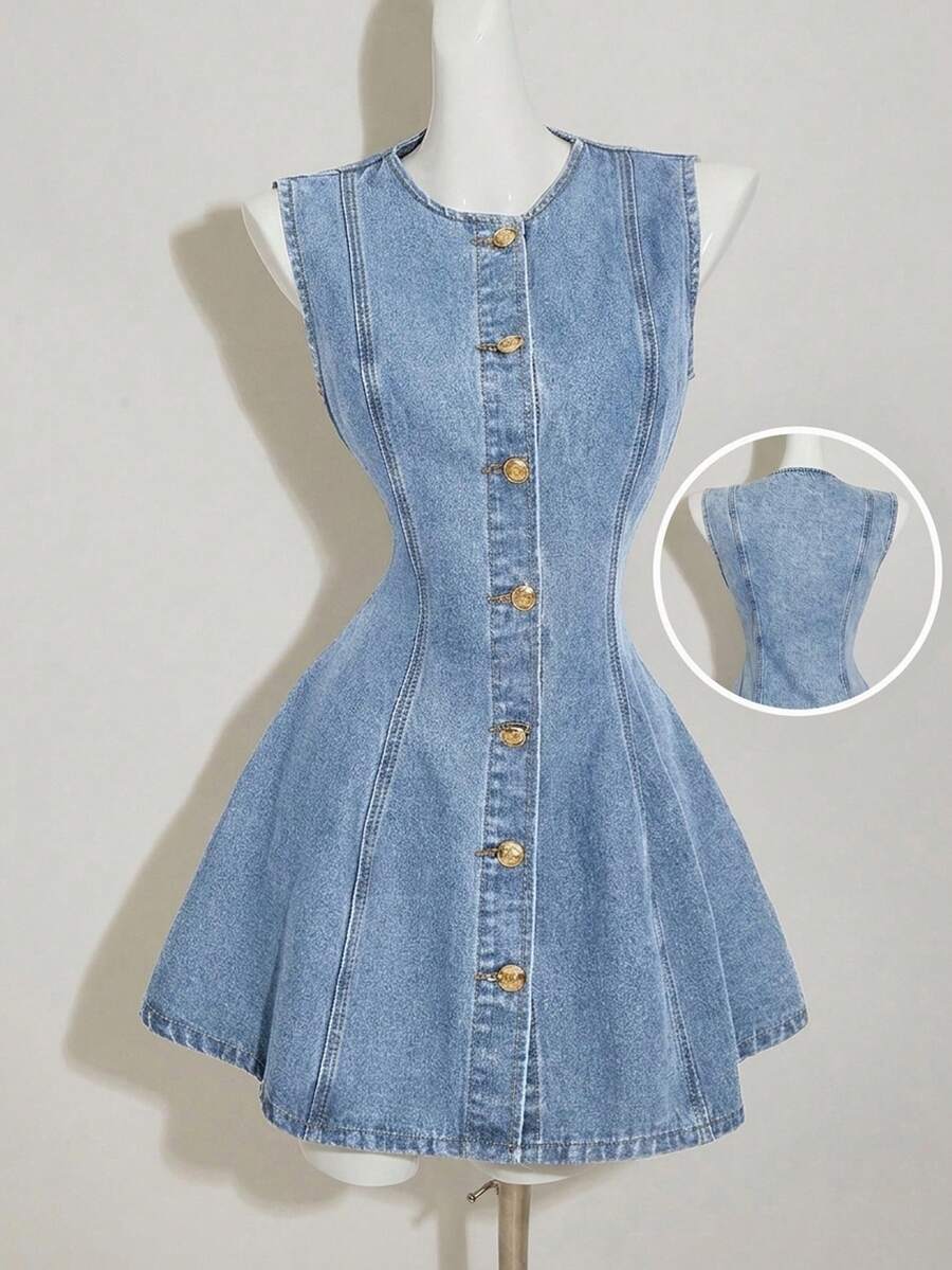 SHEIN MOD Đầm ngắn không tay bằng vải denim dành cho nữ, kiểu dáng ôm vừa vặn, màu xanh dương. - Rửa nhẹ - Xem 1