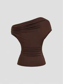 Sweetra Women's Metal Decor Ruched Shoulder Fashion T-Shirt - Coffee Brown - View 2