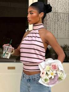 Muchica 女款粉色條紋夏季優雅早午餐掛脖上衣，學院風條紋高領上衣，休閒極簡運動街頭風派對穿搭 - 彩色 - 查看 4