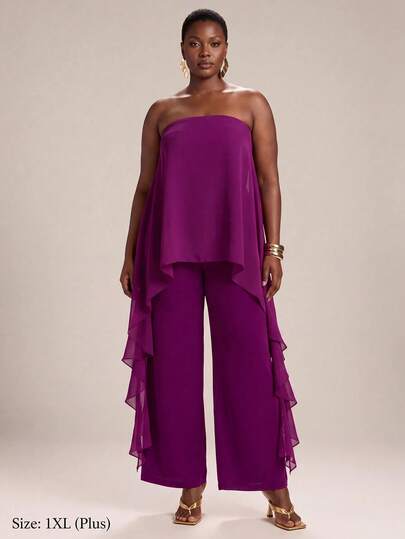SHEIN BAE Plus Size Summer Casual Solid Color Asymmetric Ruffle Hem Jumpsuit