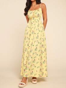 Women's All-Over Print Summer Sleeveless Knot Strap Dress - 黃色 - 查看 7
