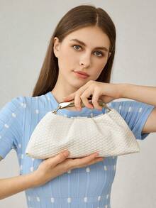 MOTF PREMIUM BOLSO DE MANO DE MUJER DE PIEL SINTÉTICA TRENZADA CON GRABADO, HERRAJES FINOS - Trenza blanquecina - Ver 6