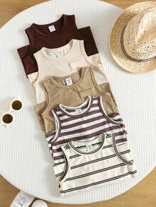SHEIN 5pcs/Set Unisex Newborn Baby Cute Summer Casual Knitted Striped Sleeveless Romper Set, Basic Romper Multi-Pack - Multicolor - View 5