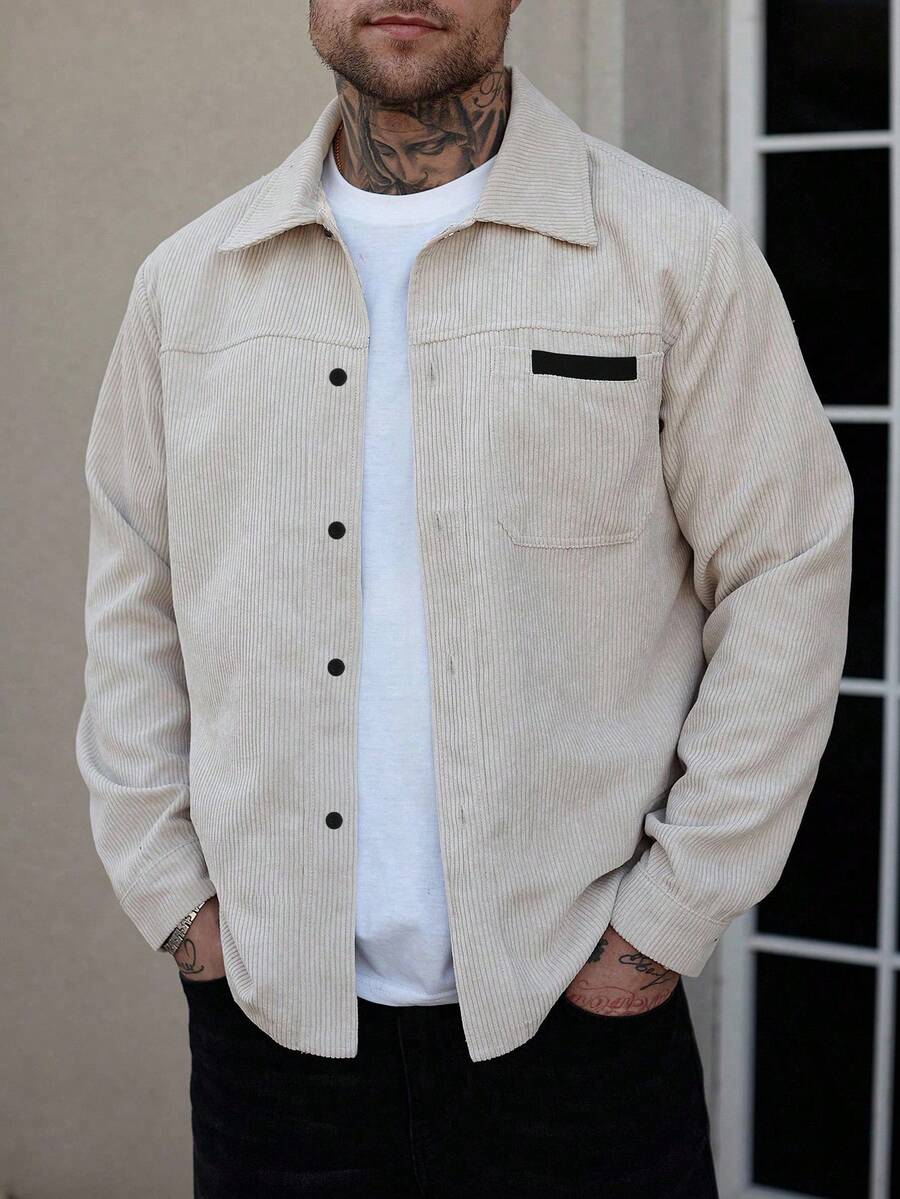 Manfinity LEGND Men's Shirt Jacket, Men's Front Button Long-Sleeved Pocket Simple Shirt Jacket, Casual Daily Wear, Men's Jacket, Men's Shirt Jacket, Autumn And Winter Men's Jacket, Boyfriend Gift, Go Out Warm Long-Sleeved Casual Corduroy Flannel Jacket Men Shacket Men Shirts Streetwear Streetwear Men Shirts Work Shirt Men Beige Men Shirt Overshirt Men Beige Shirt For Men Beige Men Western Shirts - Apricot - View 1