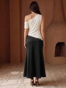 Anewsta Women's Elegant Asymmetric Shoulder Contrast Color Applique Dress, Holiday Party Mermaid Dress - Black and White - View 3
