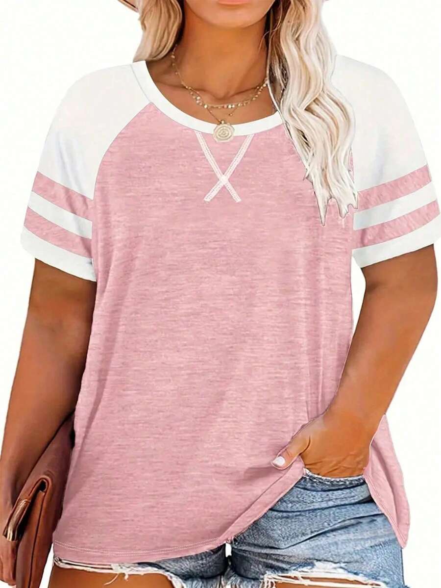 SHEIN CURVE+ Áo thun kẻ sọc cỡ lớn, áo thun cổ tròn tay ngắn kiểu dáng thường ngày, áo thun in hình dành cho nữ cỡ lớn. - Nhiều màu - Xem 1