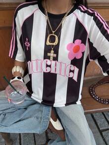Muchica 女士字母花卉印花休闲百搭日常穿着T恤 - 彩色 - 查看 4