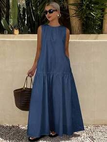 DAZY Gaun Kasual Tanpa Lengan Leher Bulat Warna Polos untuk Wanita, Cocok untuk Liburan atau Santai di Musim Panas - Navy Blue - View 4