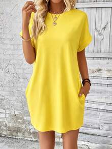 EMERY ROSE Women's Solid Color Round Neck Short Sleeve Rolled Hem Loose Summer Dress - Yellow - View 3