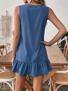 EMERY ROSE Women's Round Neck Single-Breasted Dual Pocket Ruffle Hem Sleeveless Casual Dress - Blue - View 2