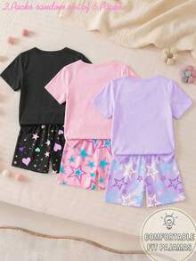 [3 Bộ Ngẫu Nhiên, 1 Bộ Gửi Đi] Bộ Đồ Ngủ Bé Gái Tuổi Thiếu Niên, Mùa Xuân/Hè Mới Thời Trang Hình Hoạt Hình K-POP Dễ Thương, Áo Ngắn Quần Quần Co Giãn, Chất Liệu Dệt Kim, Ôm Sắp, Tay Ngắn, Quần Quần (Giao Hàng Ngẫu Nhiên) - Nhiều màu - Xem 2