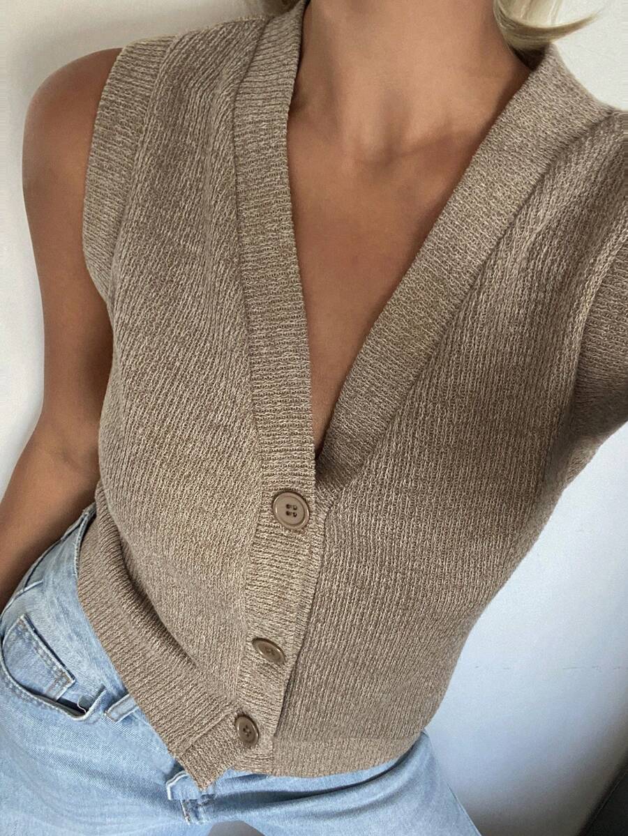 DAZY Women's V-Neck Soft Knit Casual Vest, Suitable For Commuting And Leisure Summer - Khaki - View 1