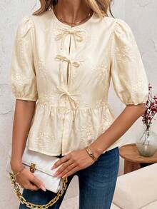 SHEIN Clasi Damen Bluse mit Frontknoten, Puffärmeln, süßer Stickerei, elegant für Urlaub, Valentinstag, Sommer, Teeparty, High Tea, Creme - Aprikosenfarben - Übersicht 3
